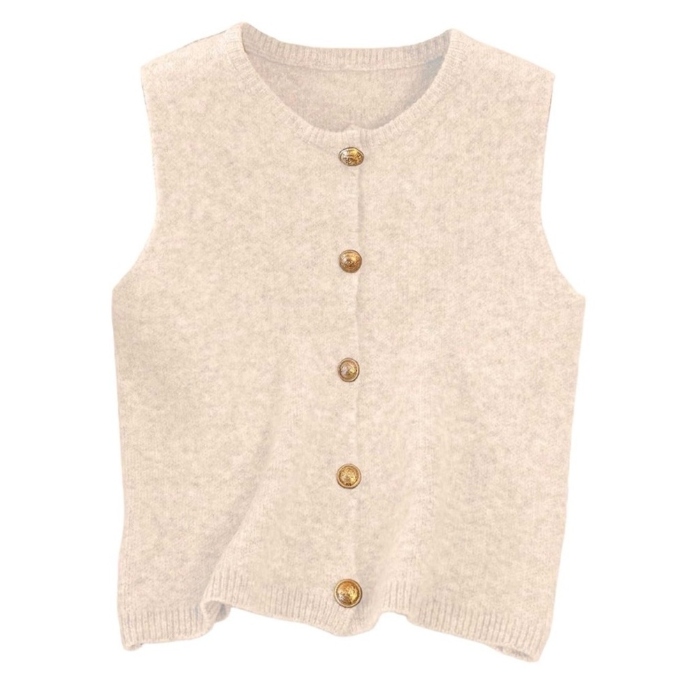 Cream Button-Up Sleeveless Sweater Vest